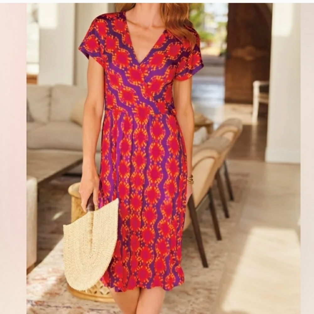 Soft Surroundings Red and Purple Dress Kaveri Faux Wrap L Tie Dye